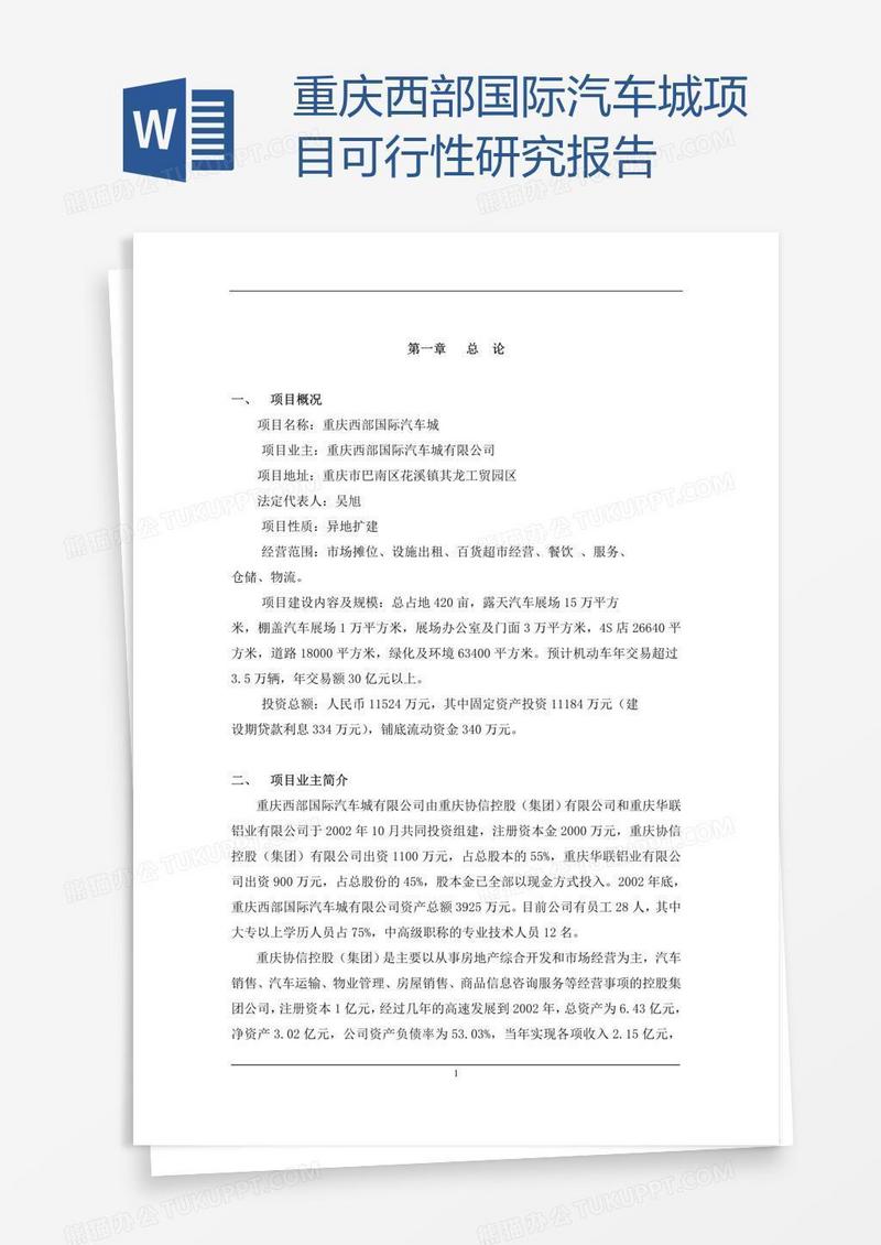 重庆西部国际汽车城项目可行性研究报告