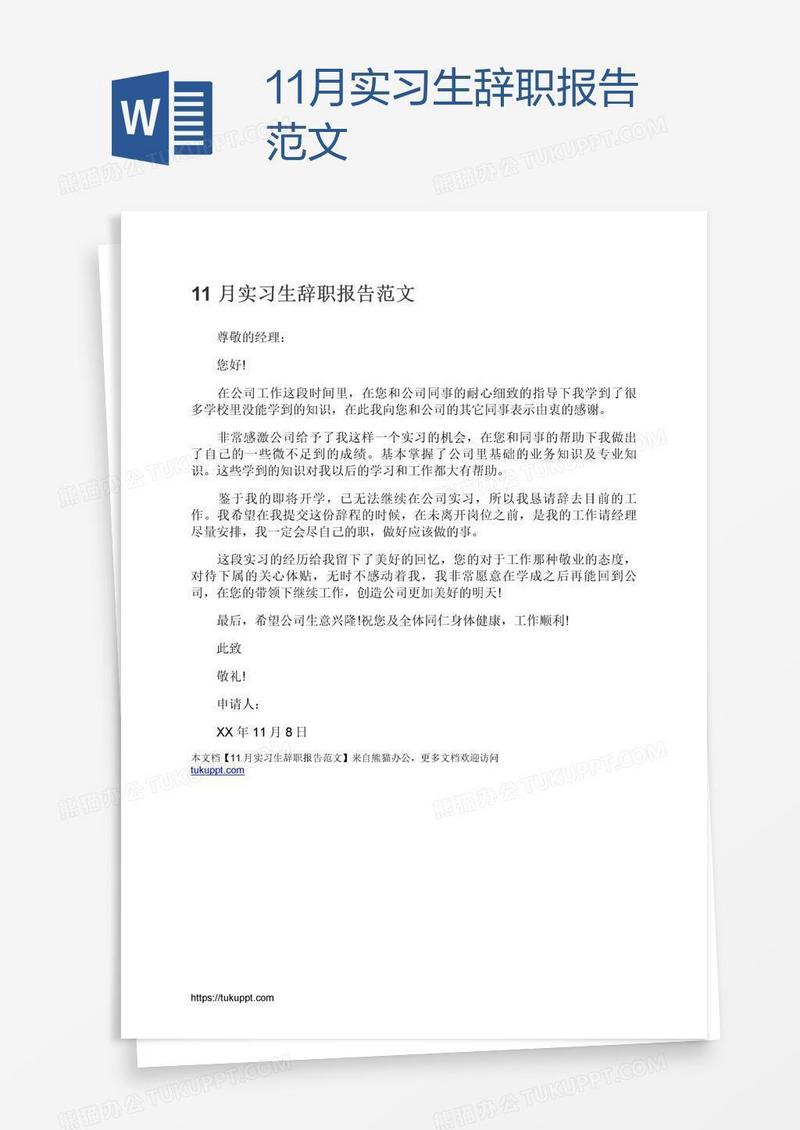 11月实习生辞职报告范文