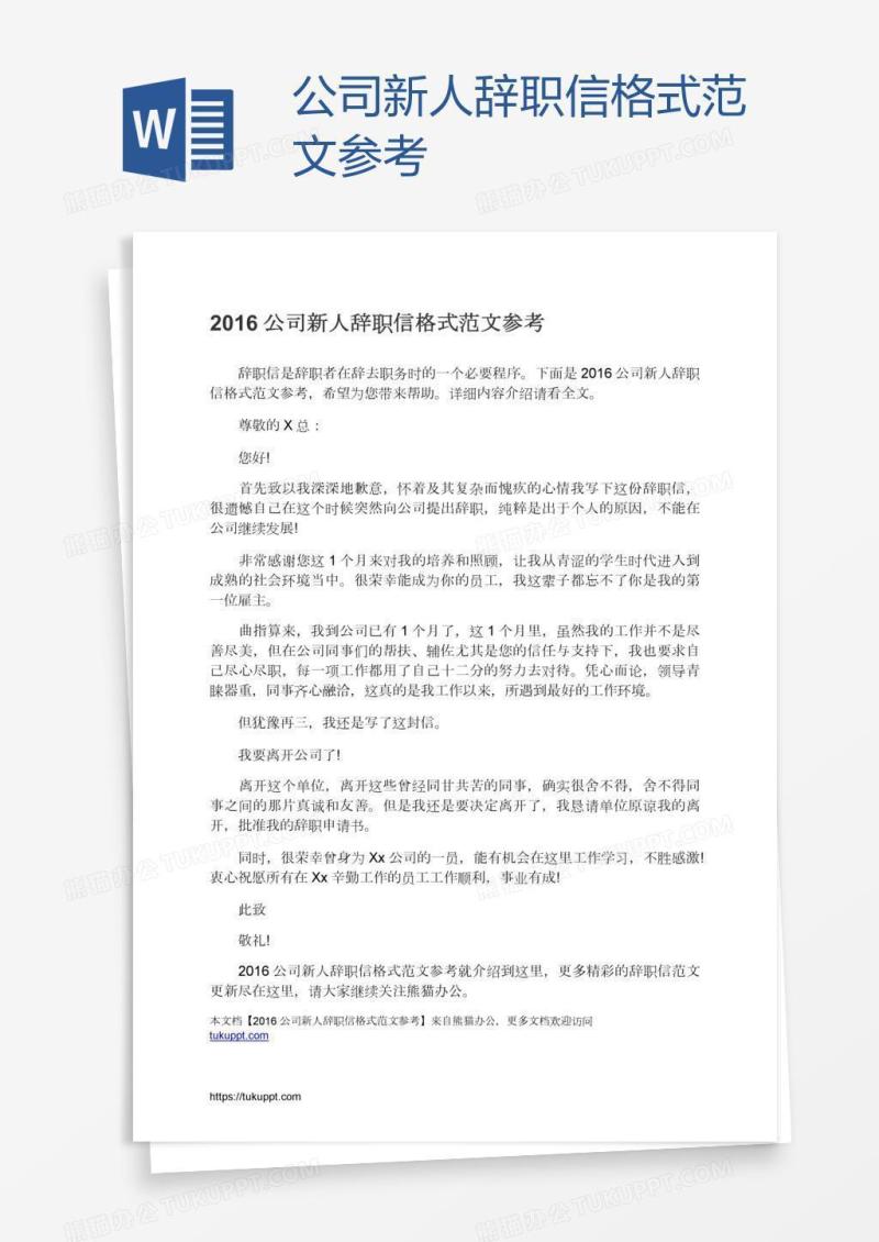 公司新人辞职信格式范文参考
