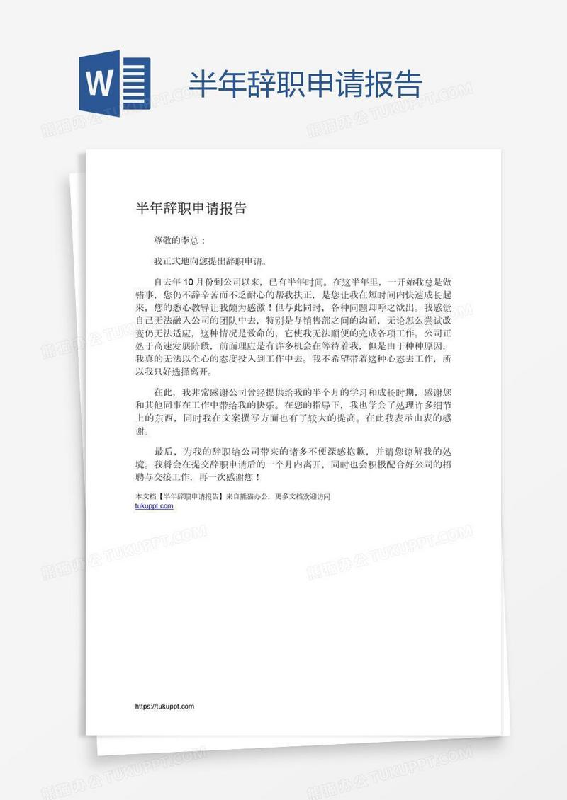 半年辞职申请报告