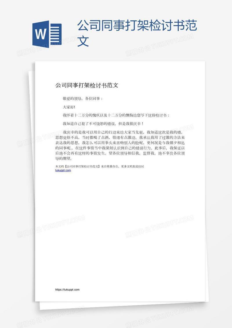 公司同事打架检讨书范文