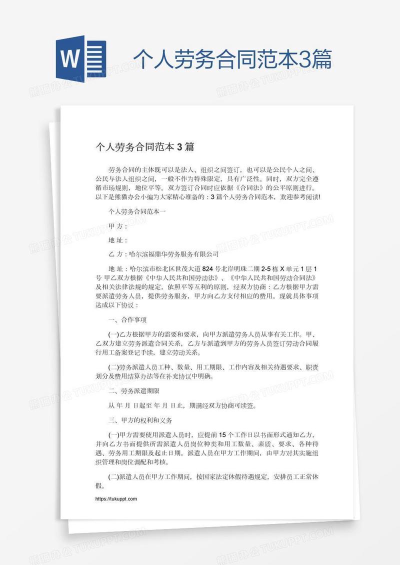 个人劳务合同范本3篇