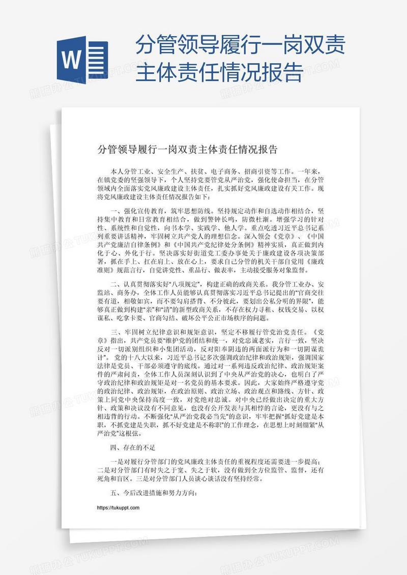 分管领导履行一岗双责主体责任情况报告