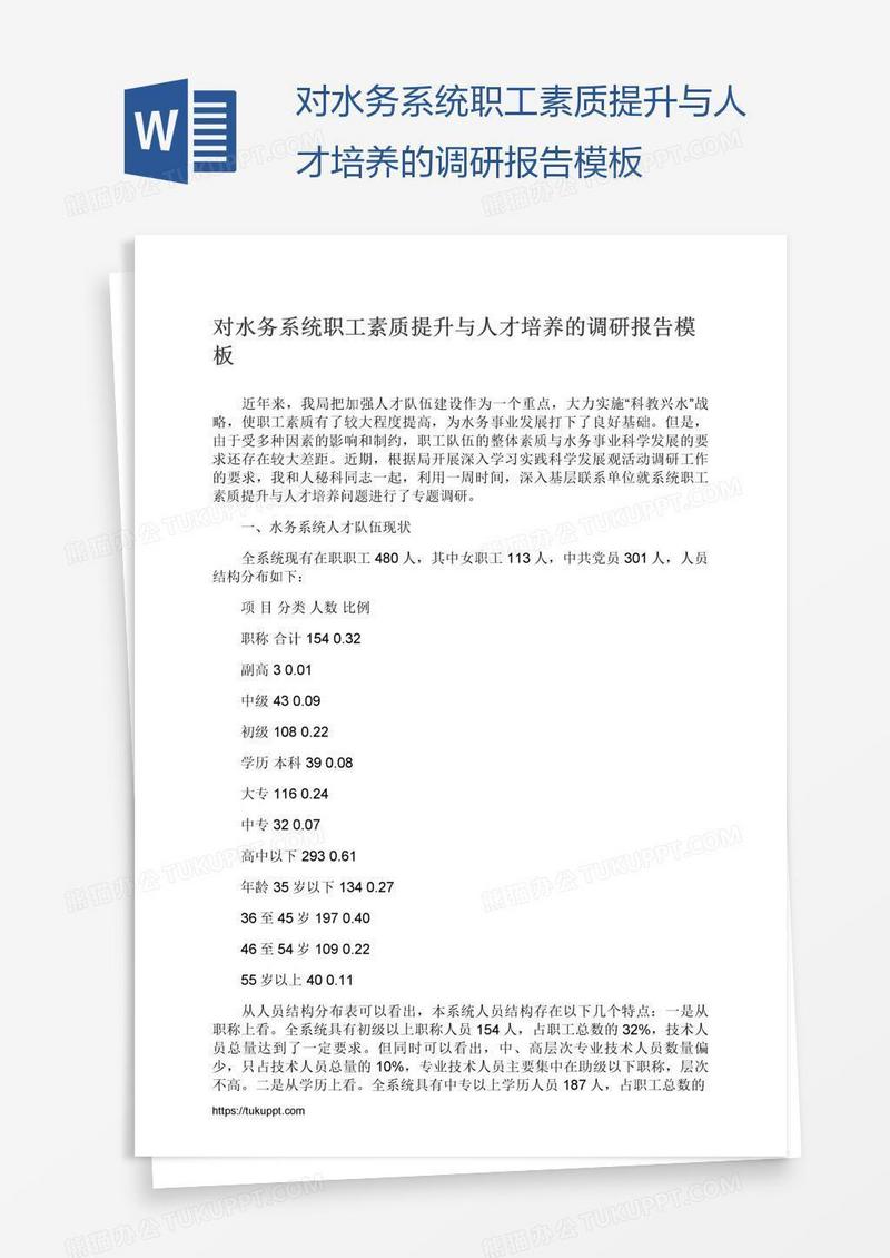 对水务系统职工素质提升与人才培养的调研报告模板