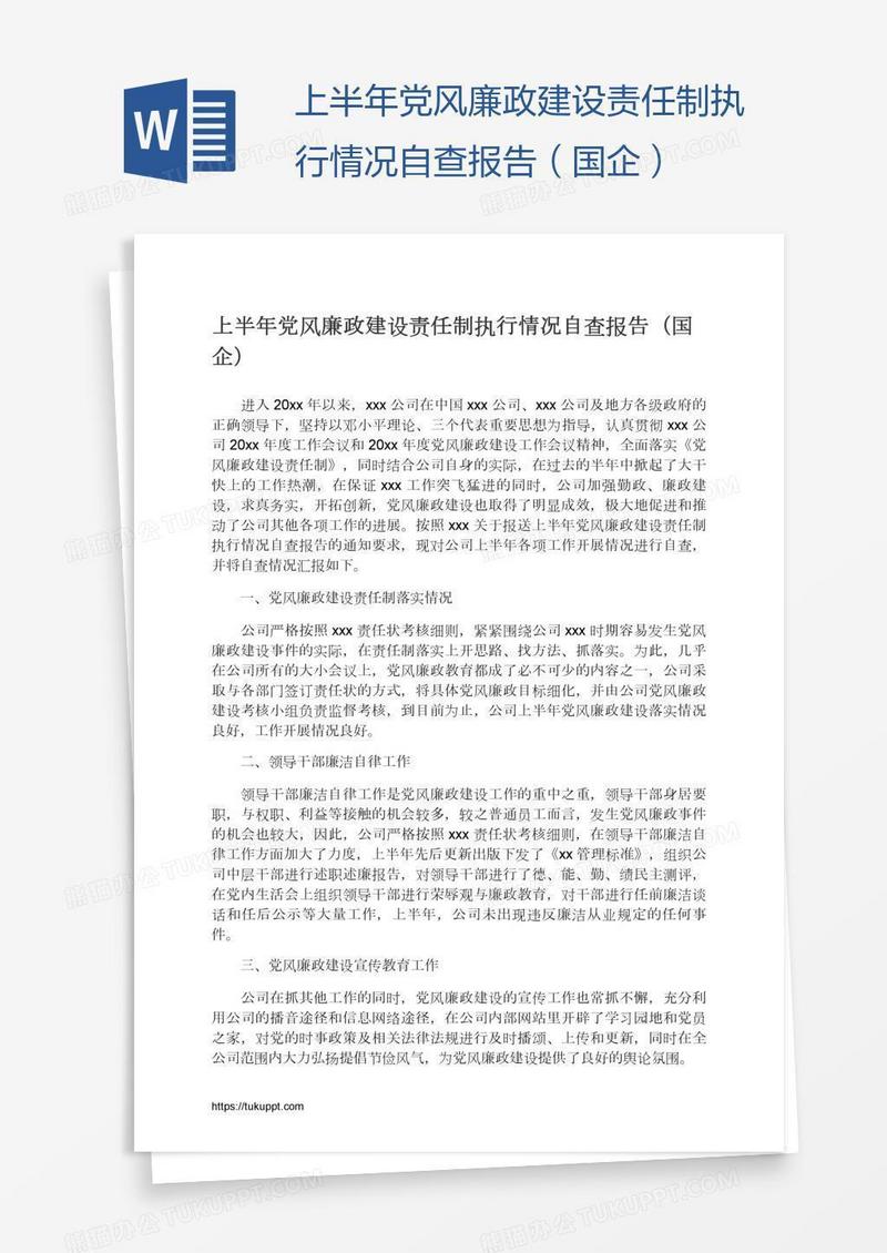 上半年党风廉政建设责任制执行情况自查报告（国企）