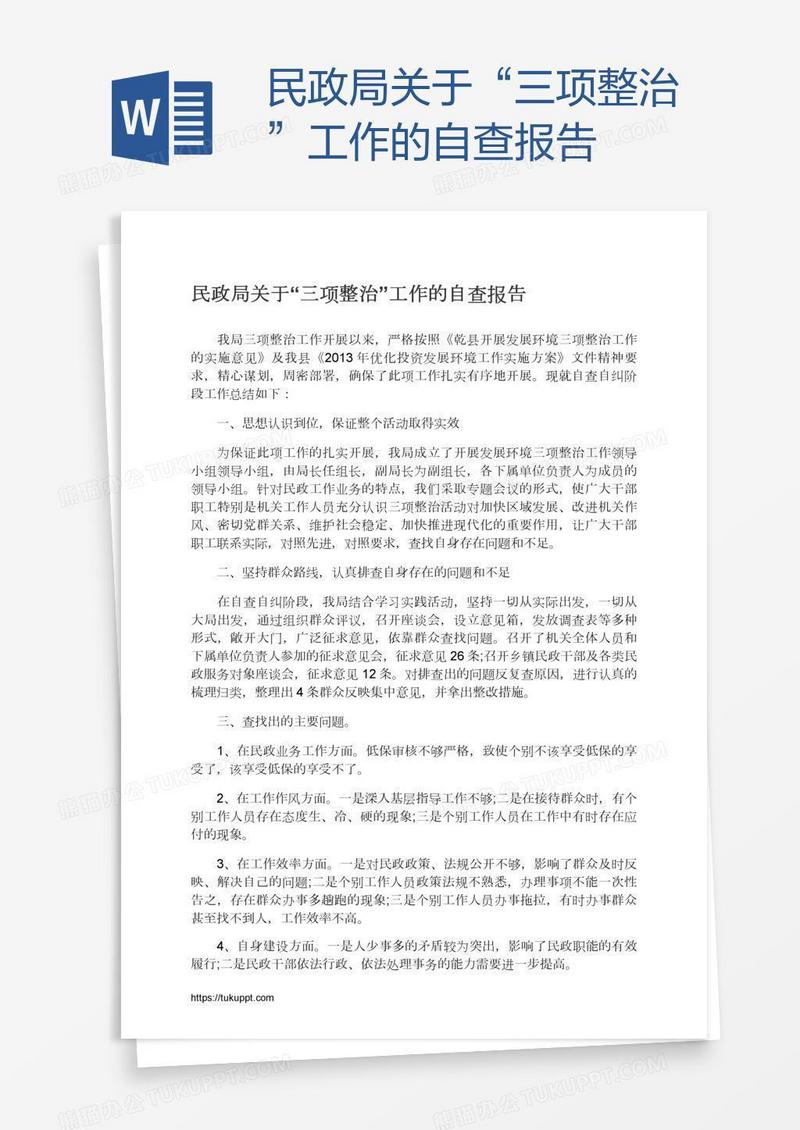 民政局关于“三项整治”工作的自查报告