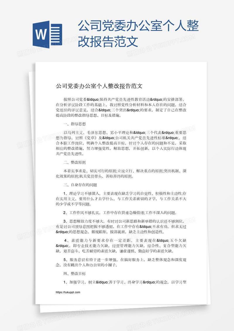 公司党委办公室个人整改报告范文