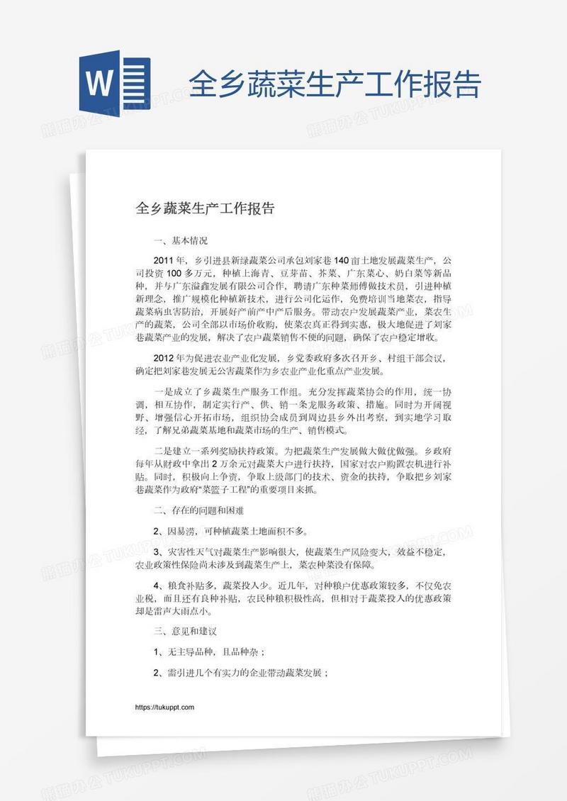 全乡蔬菜生产工作报告