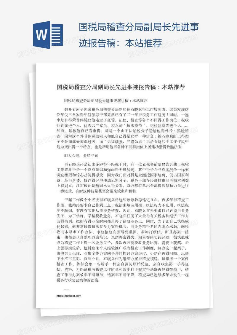 国税局稽查分局副局长先进事迹报告稿：本站推荐