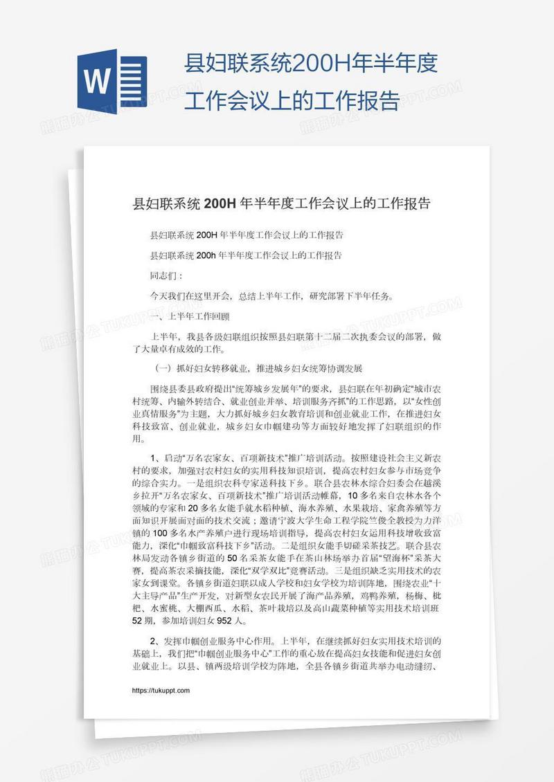 县妇联系统200H年半年度工作会议上的工作报告