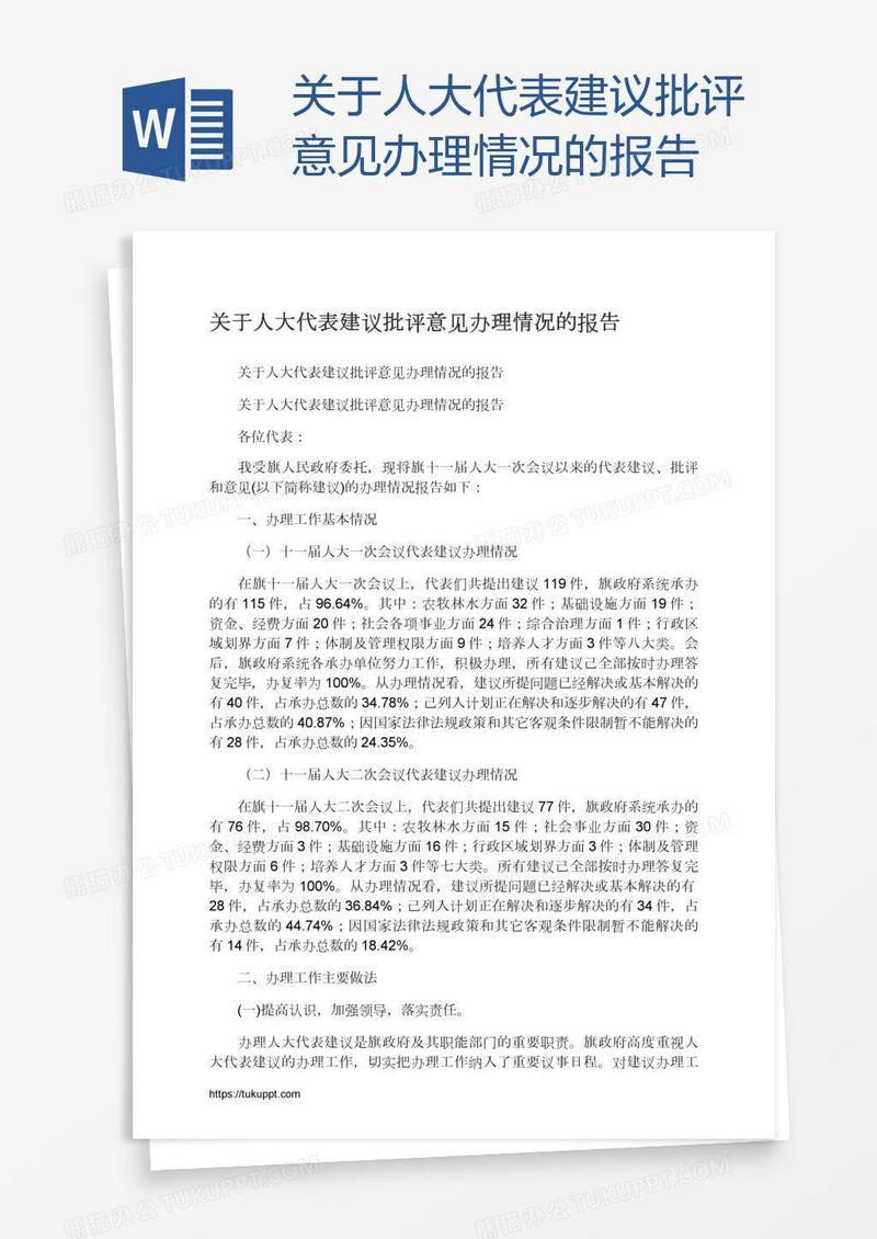 关于人大代表建议批评意见办理情况的报告