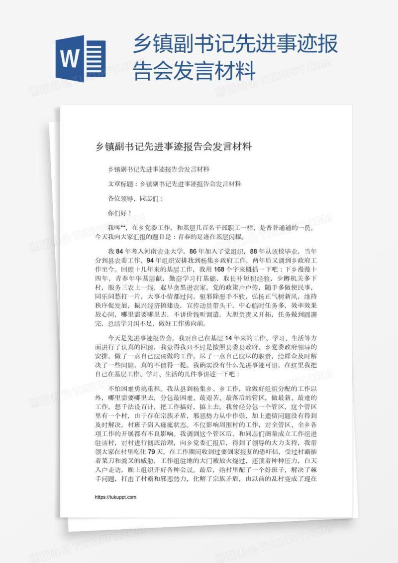 乡镇副书记先进事迹报告会发言材料