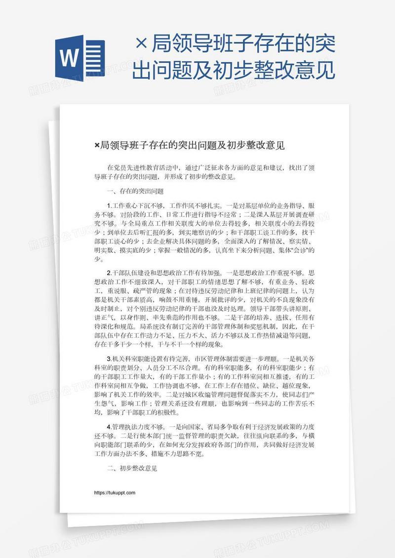 ×局领导班子存在的突出问题及初步整改意见