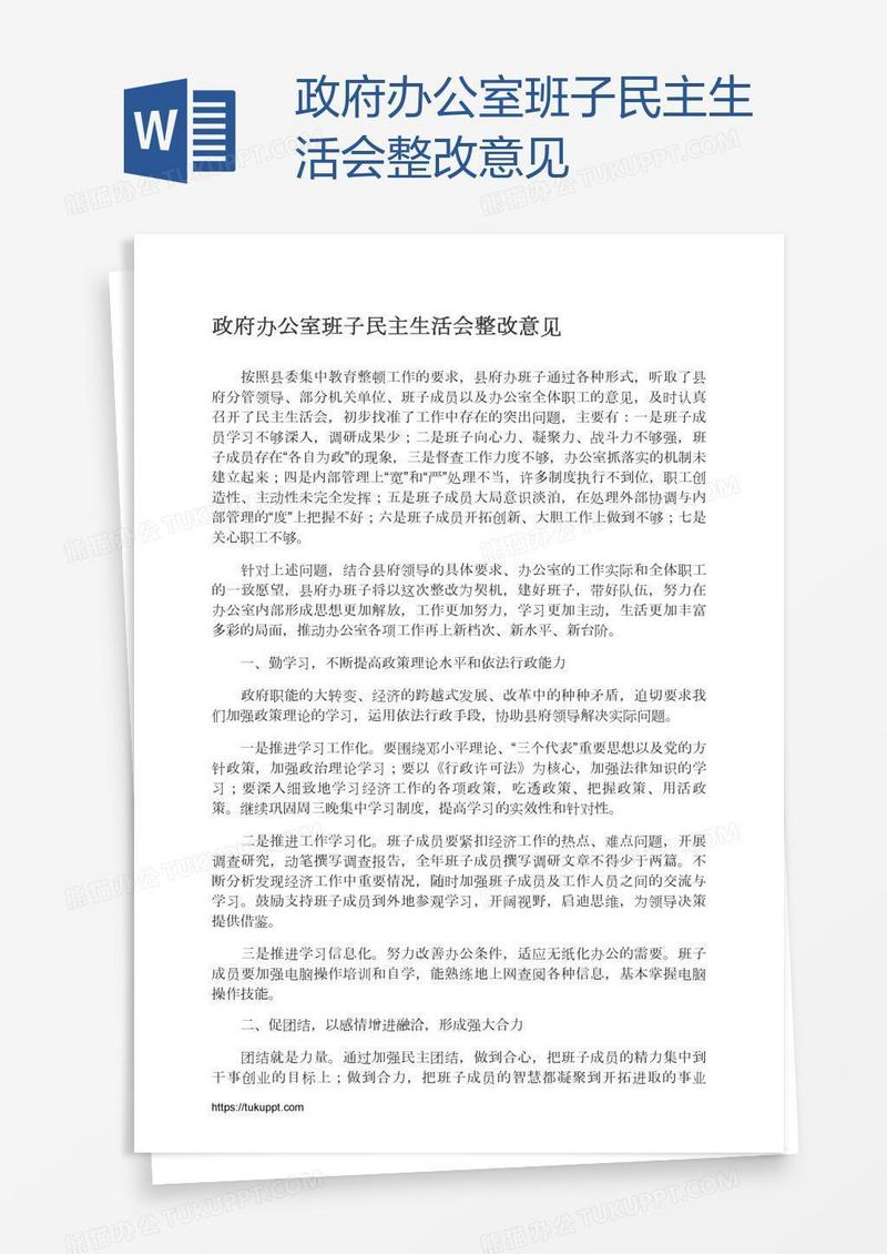 政府办公室班子民主生活会整改意见