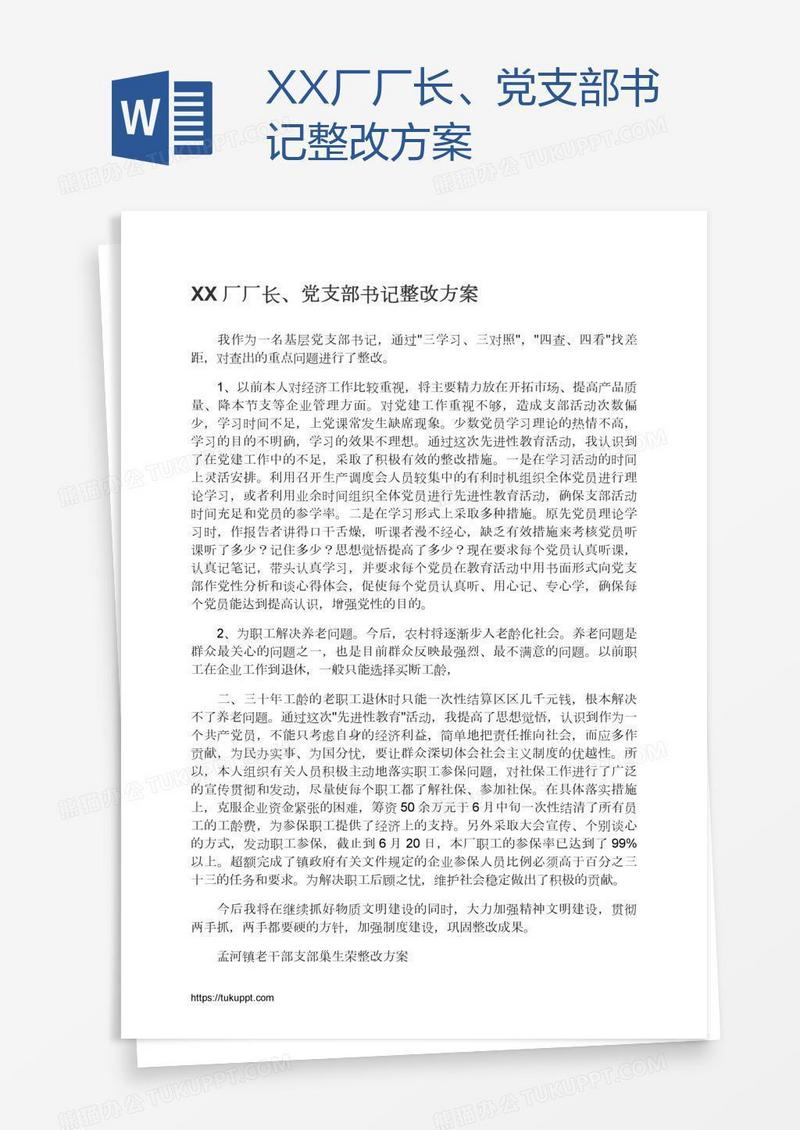 XX厂厂长、党支部书记整改方案