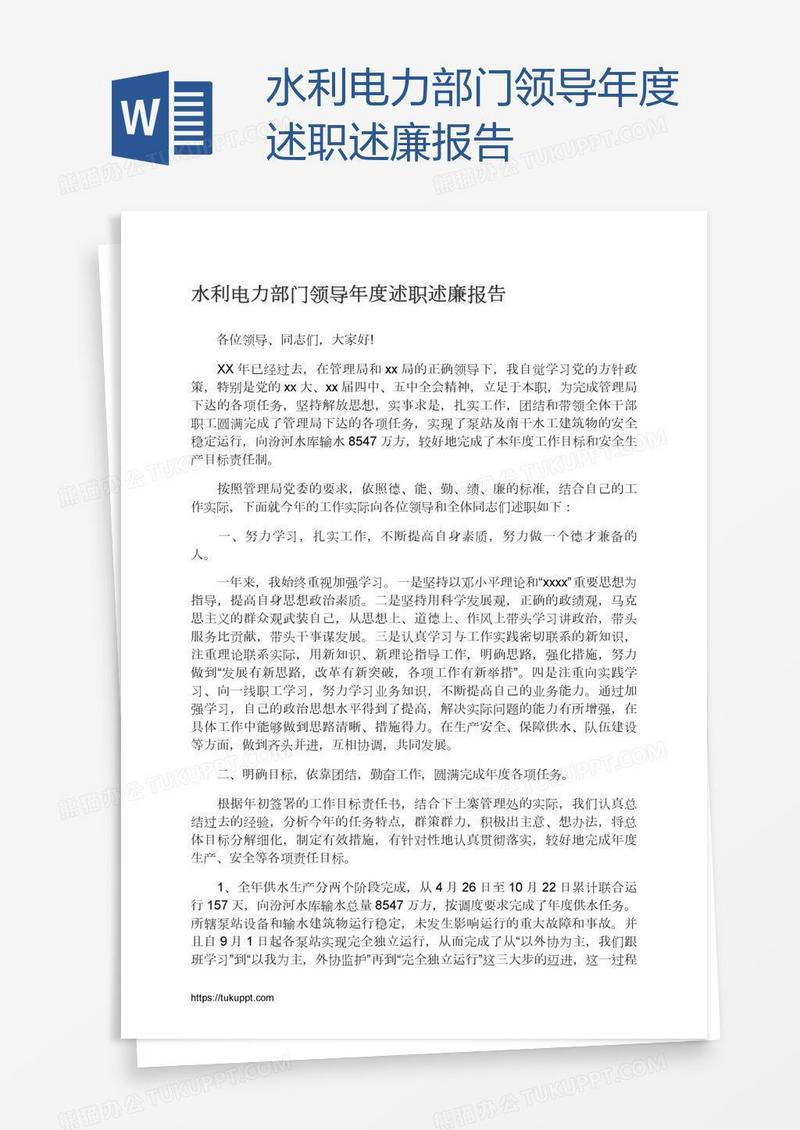 水利电力部门领导年度述职述廉报告