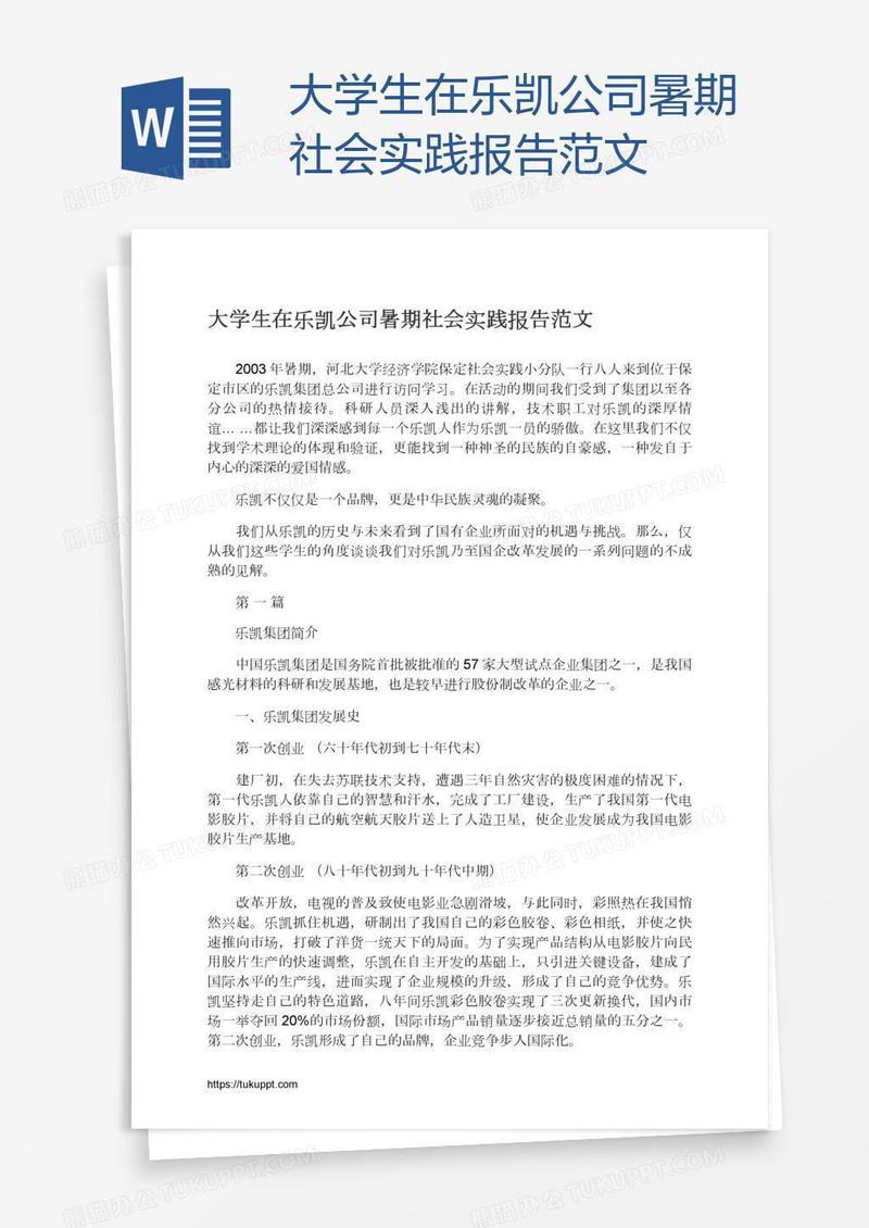 大学生在乐凯公司暑期社会实践报告范文