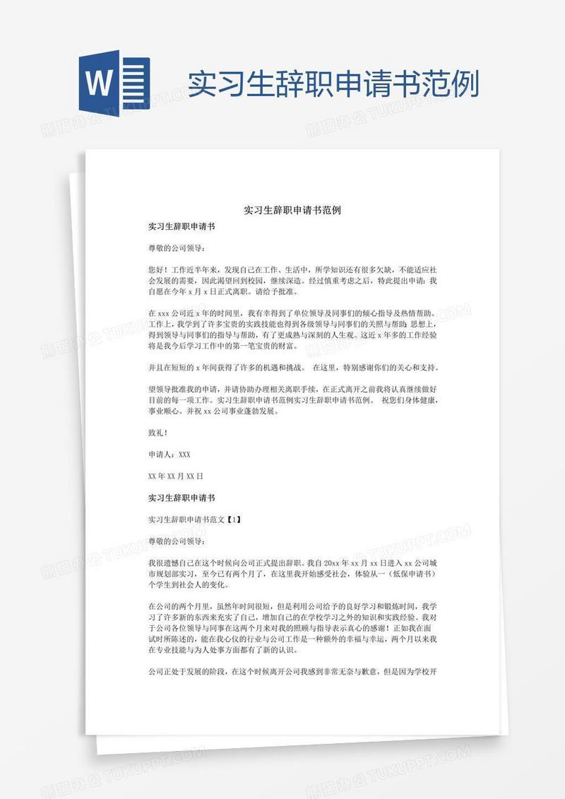 实习生辞职申请书范例