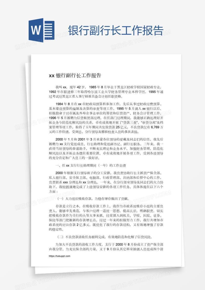 xx银行副行长工作报告