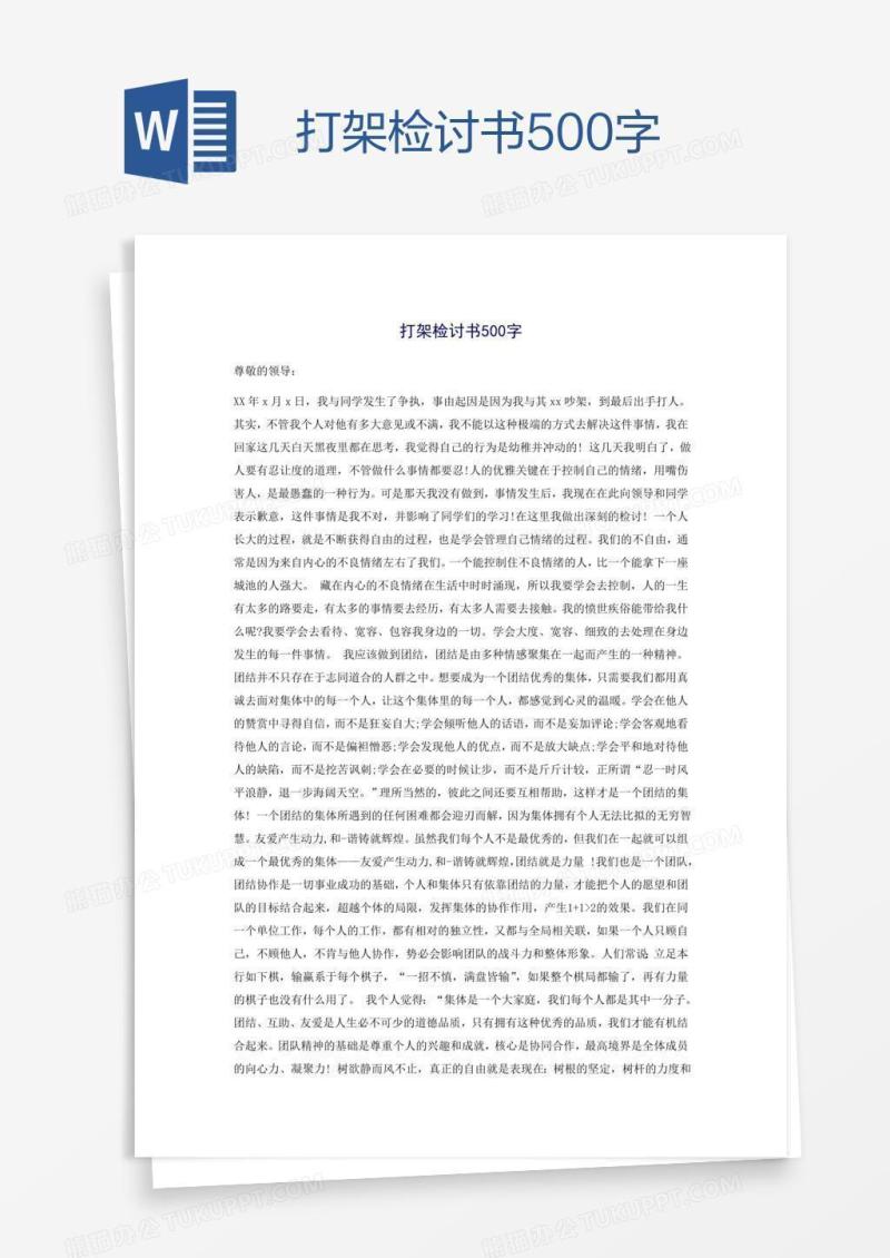 打架检讨书500字