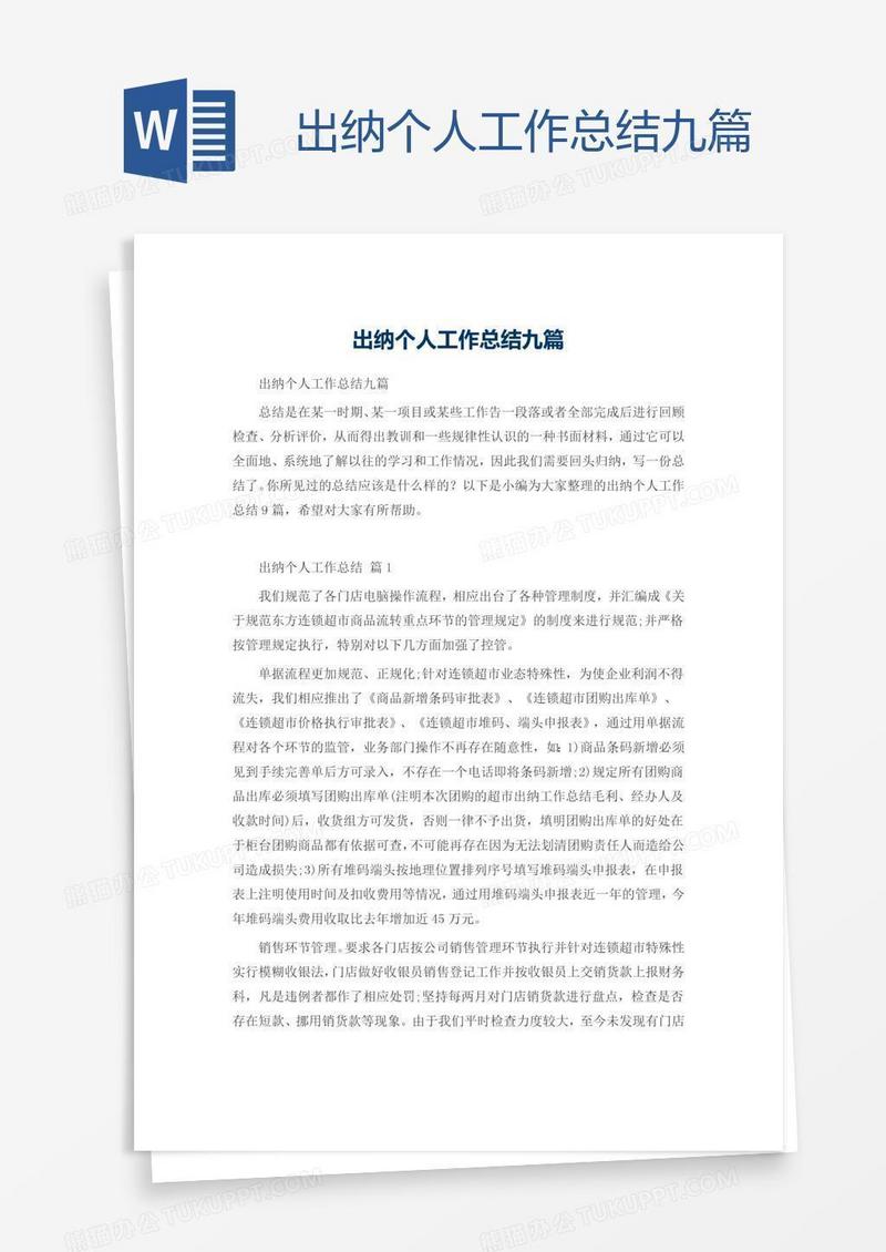 出纳个人工作总结九篇