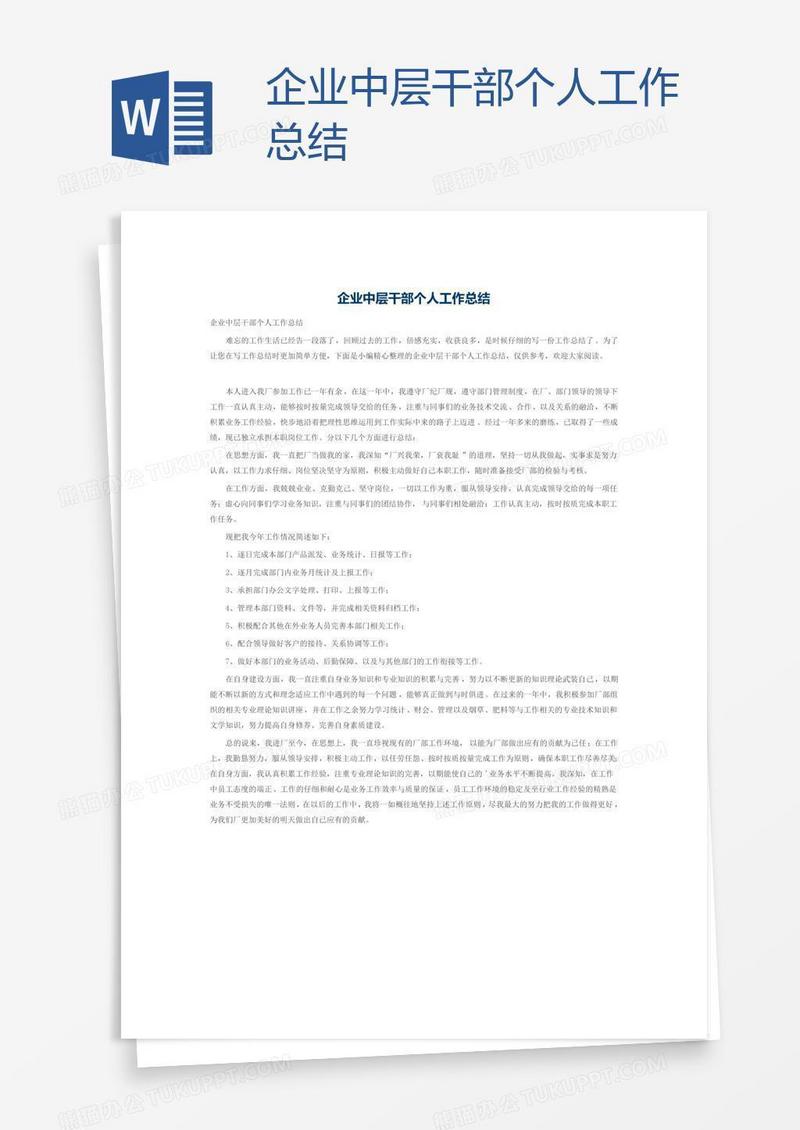 企业中层干部个人工作总结