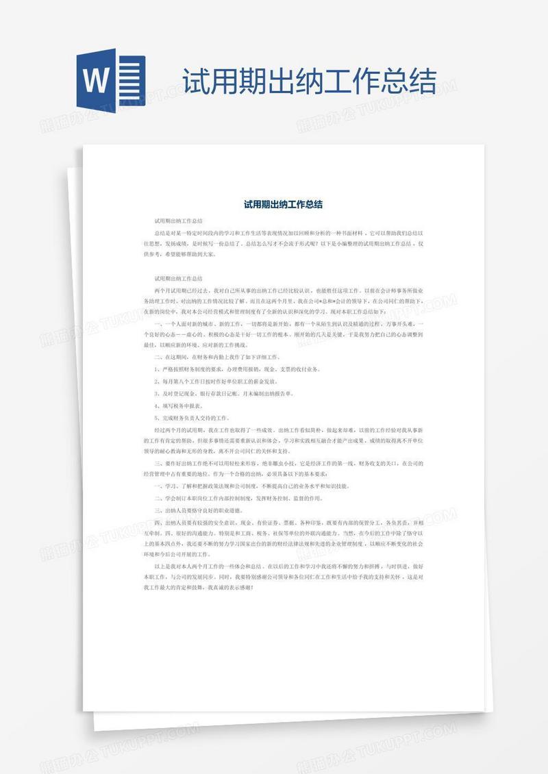 试用期出纳工作总结