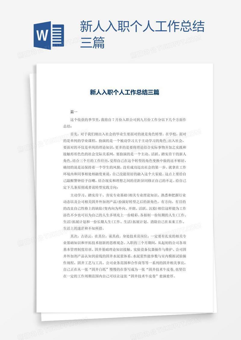 新人入职个人工作总结三篇