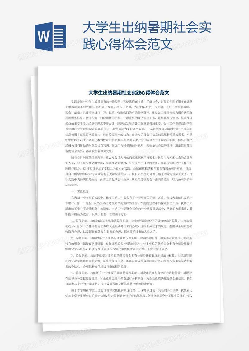大学生出纳暑期社会实践心得体会范文