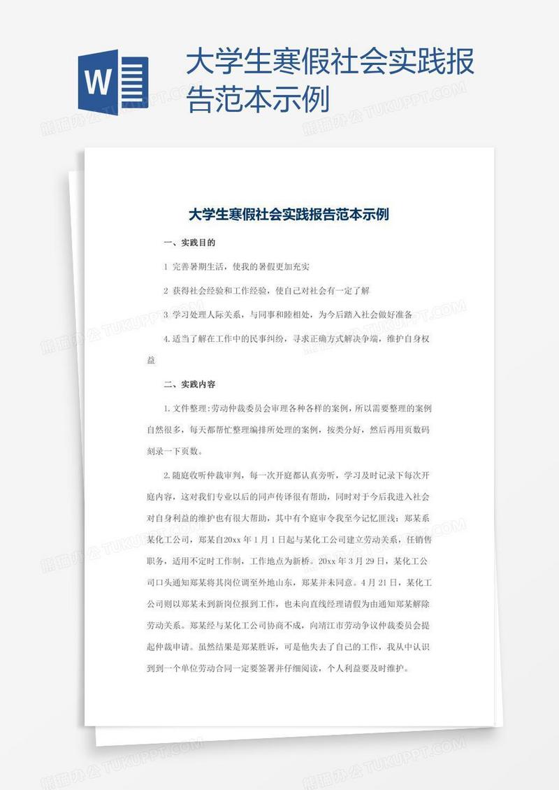 大学生寒假社会实践报告范本示例