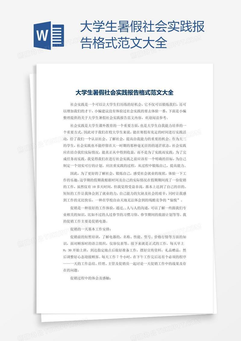 大学生暑假社会实践报告格式范文大全