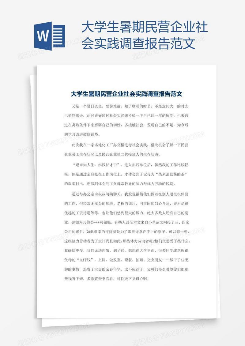 大学生暑期民营企业社会实践调查报告范文