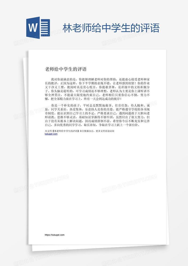 林老师给中学生的评语