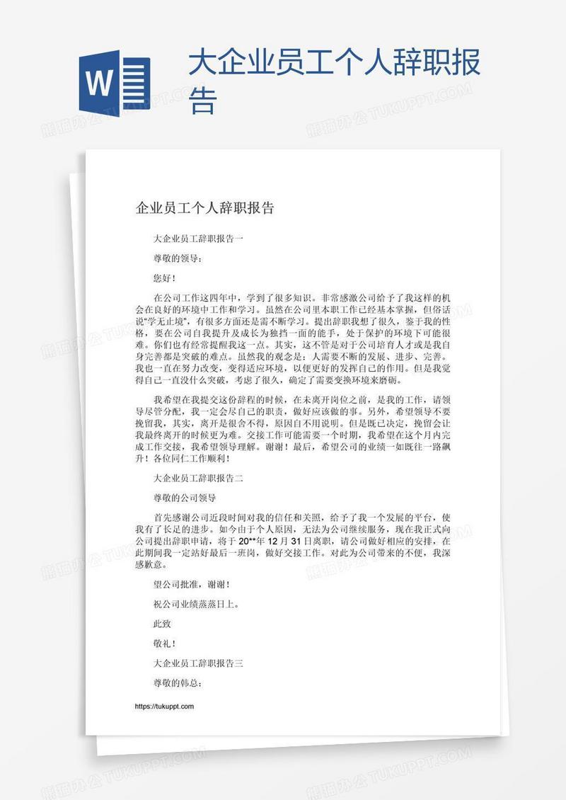 大企业员工个人辞职报告