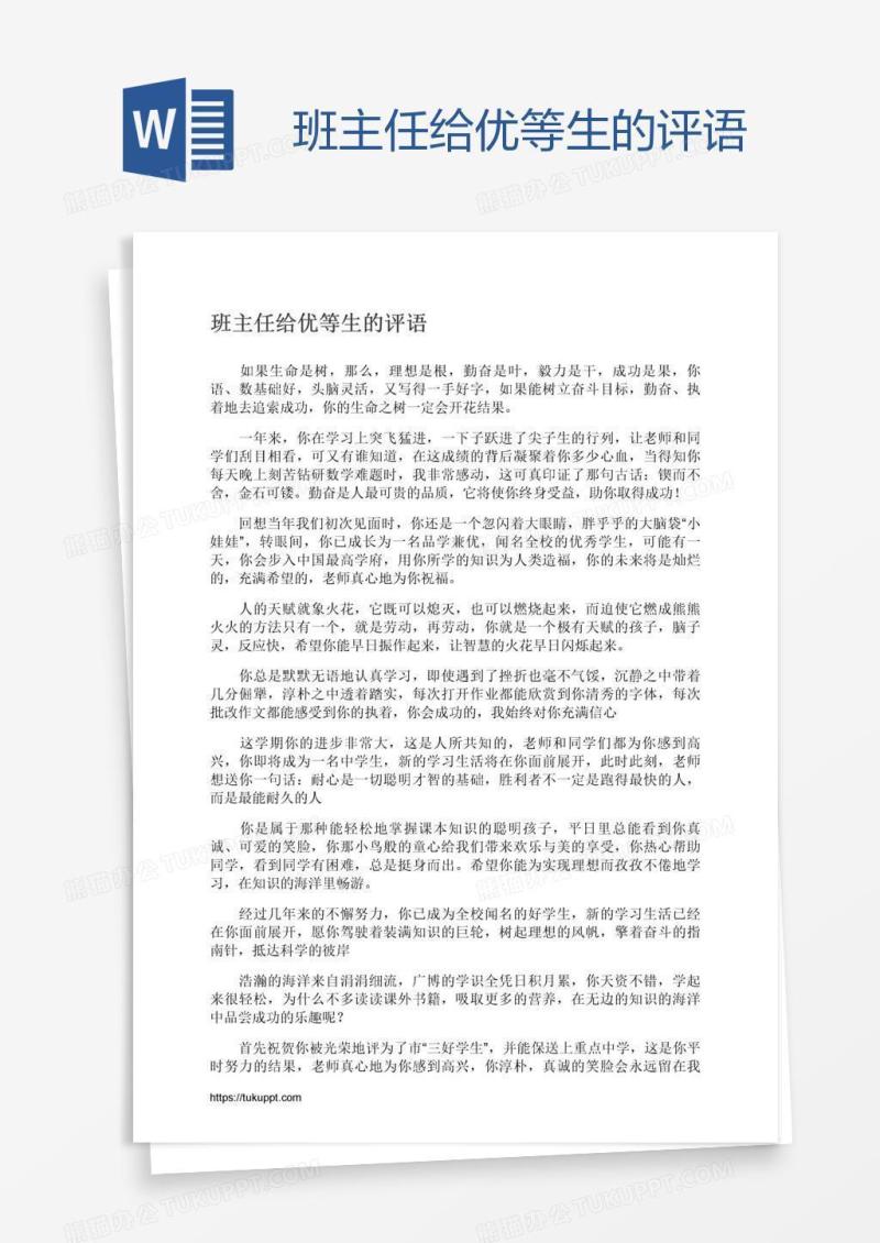 班主任给优等生的评语