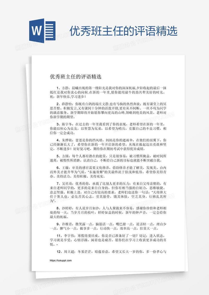 优秀班主任的评语精选