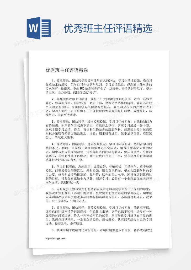 优秀班主任评语精选