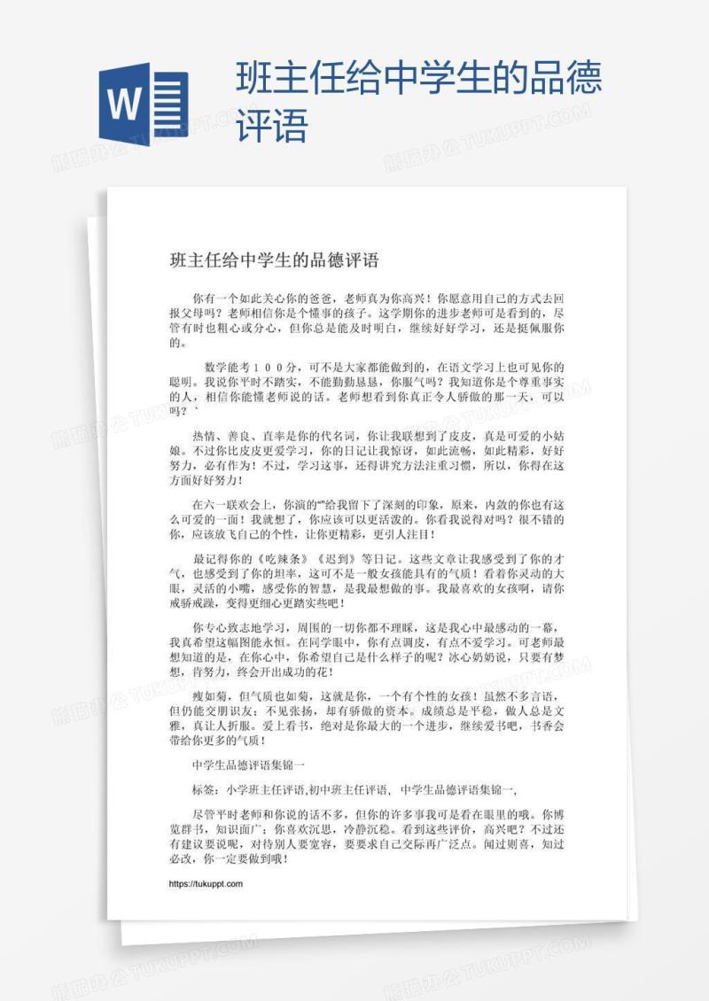 班主任给中学生的品德评语