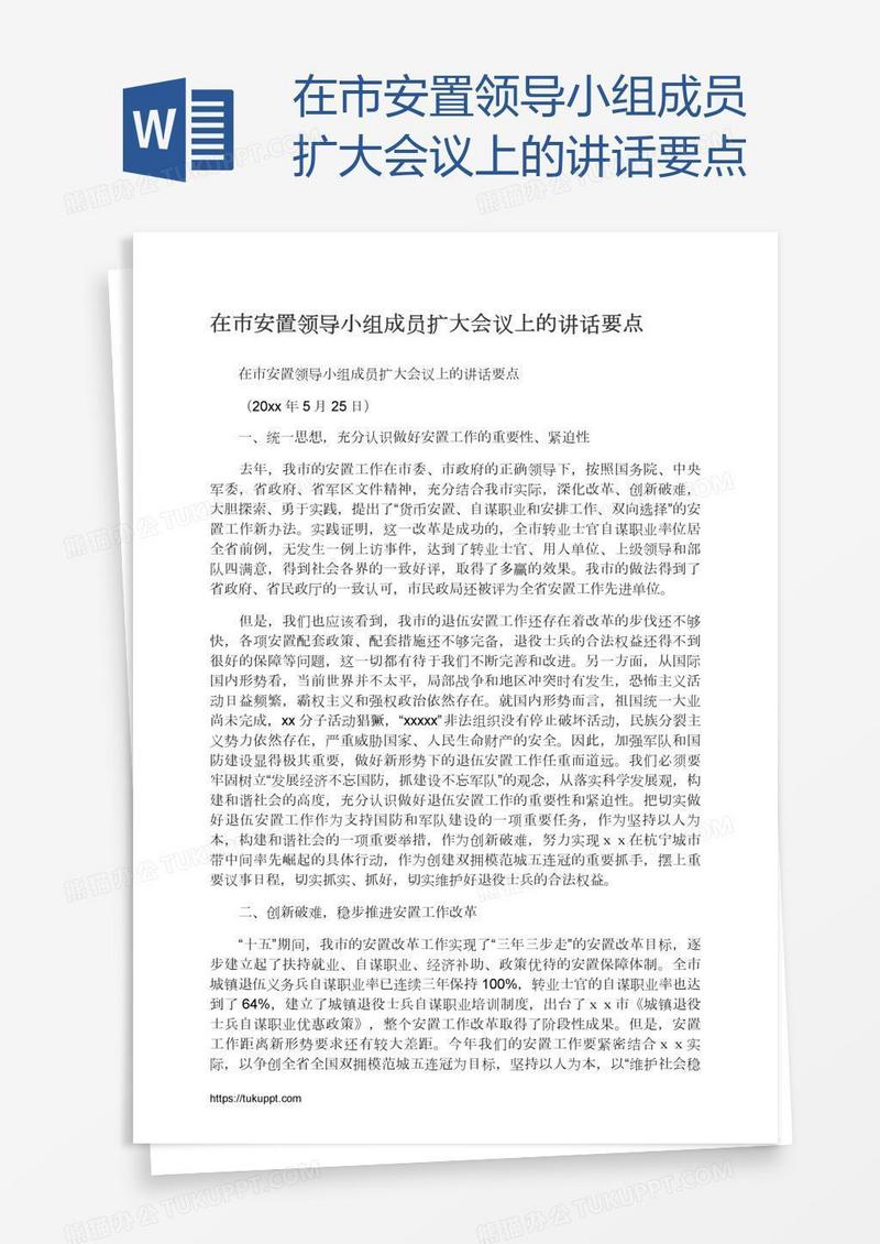 在市安置领导小组成员扩大会议上的讲话要点