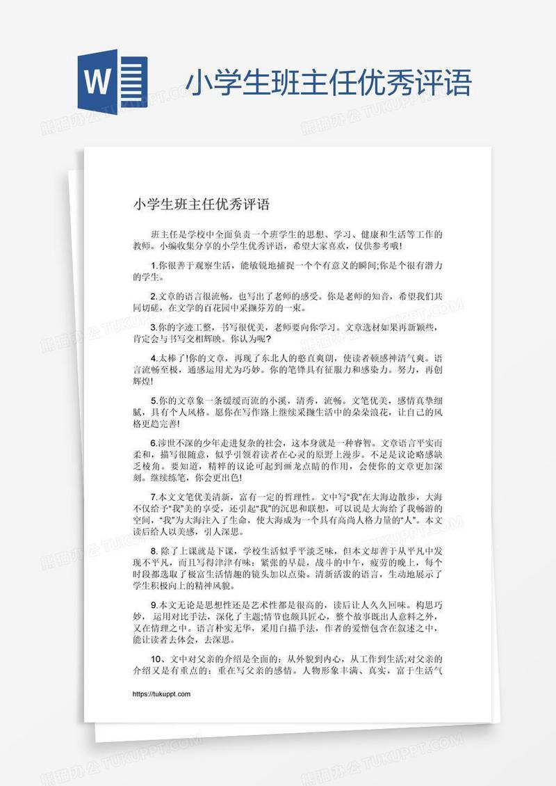 小学生班主任优秀评语