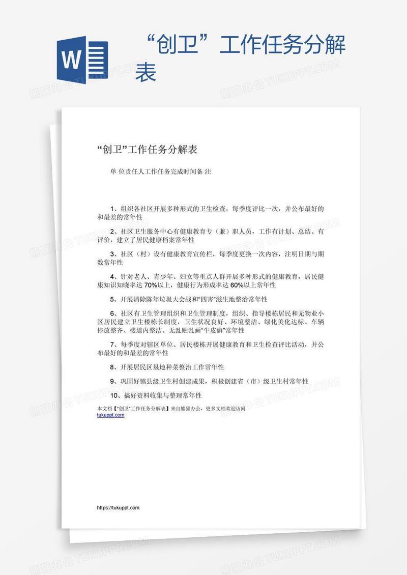 “创卫”工作任务分解表