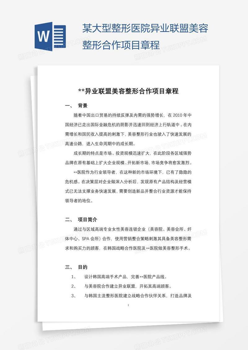 某大型整形医院异业联盟美容整形合作项目章程