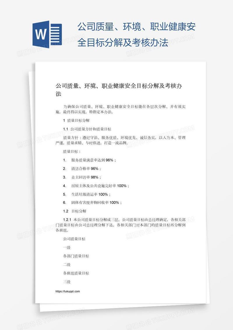 公司质量、环境、职业健康安全目标分解及考核办法