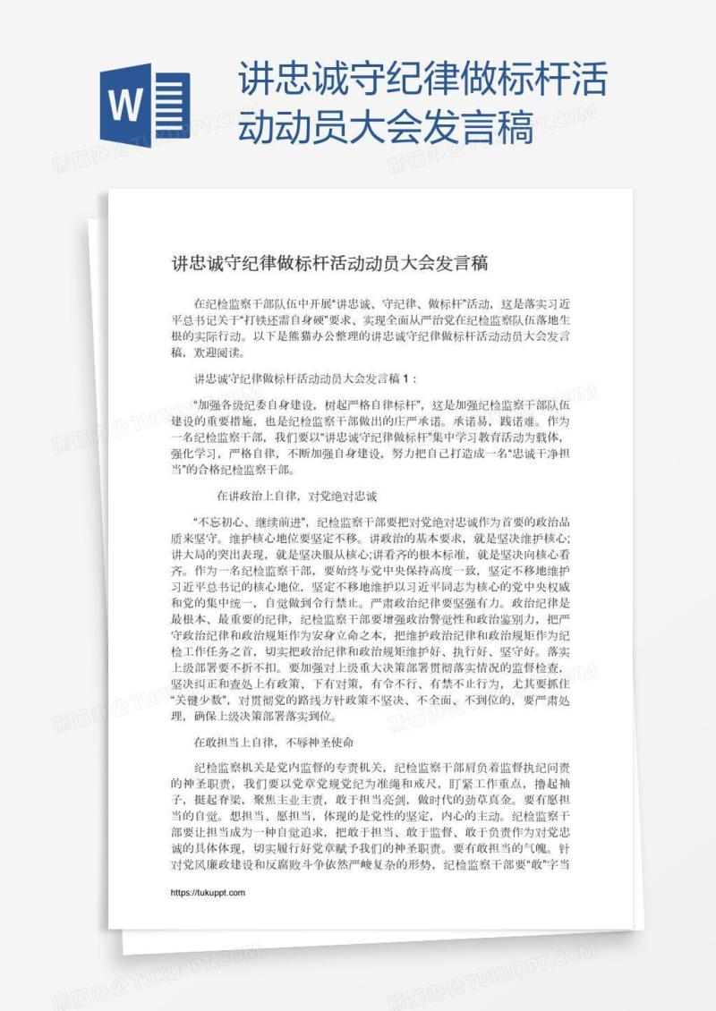 讲忠诚守纪律做标杆活动动员大会发言稿