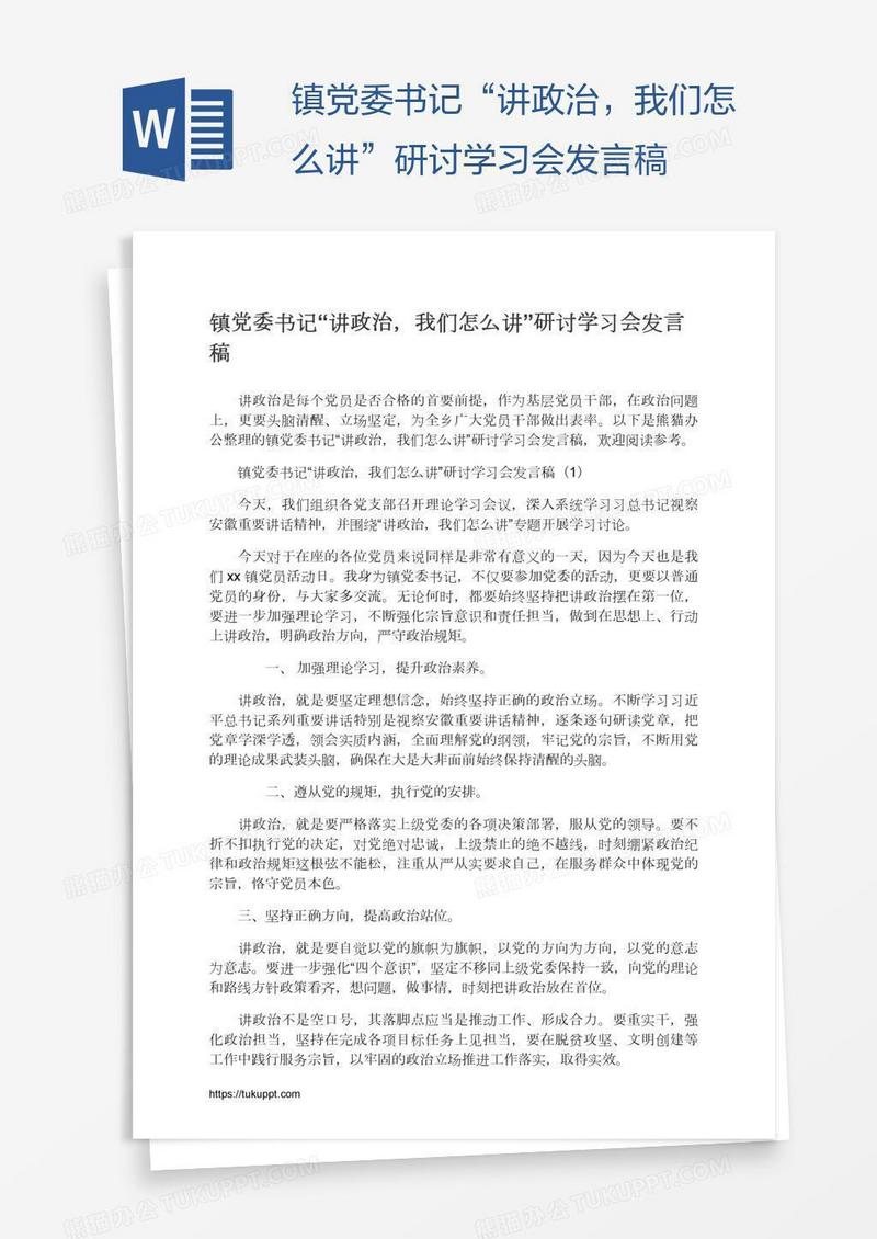 镇党委书记“讲政治，我们怎么讲”研讨学习会发言稿