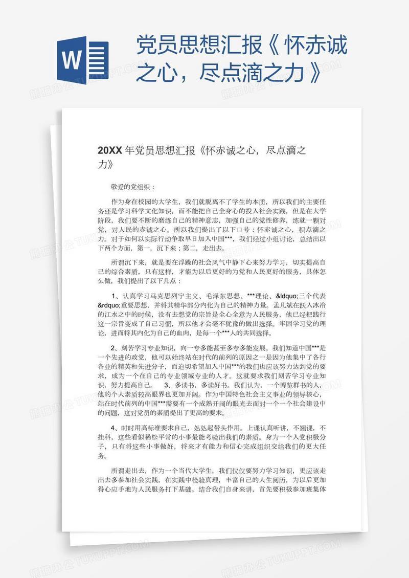 党员思想汇报《怀赤诚之心，尽点滴之力》