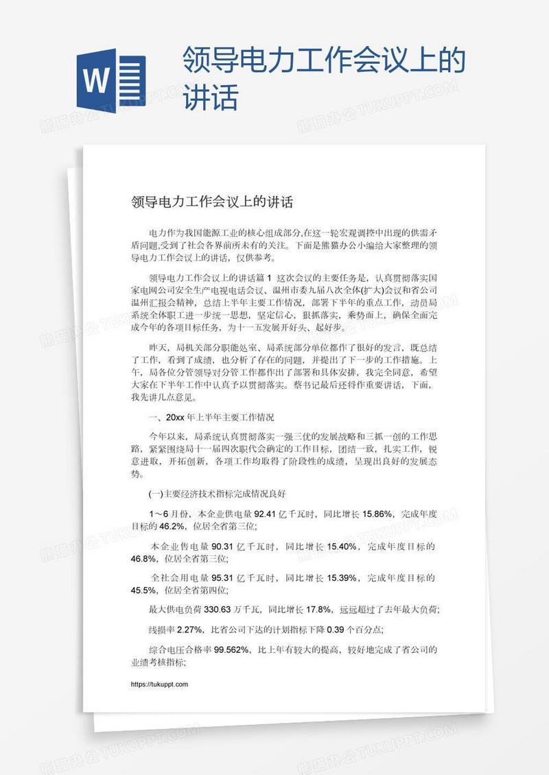 领导电力工作会议上的讲话