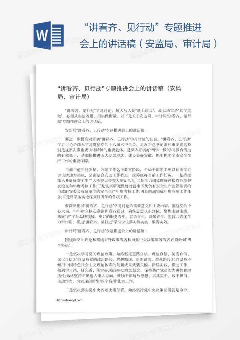 “讲看齐、见行动”专题推进会上的讲话稿（安监局、审计局）