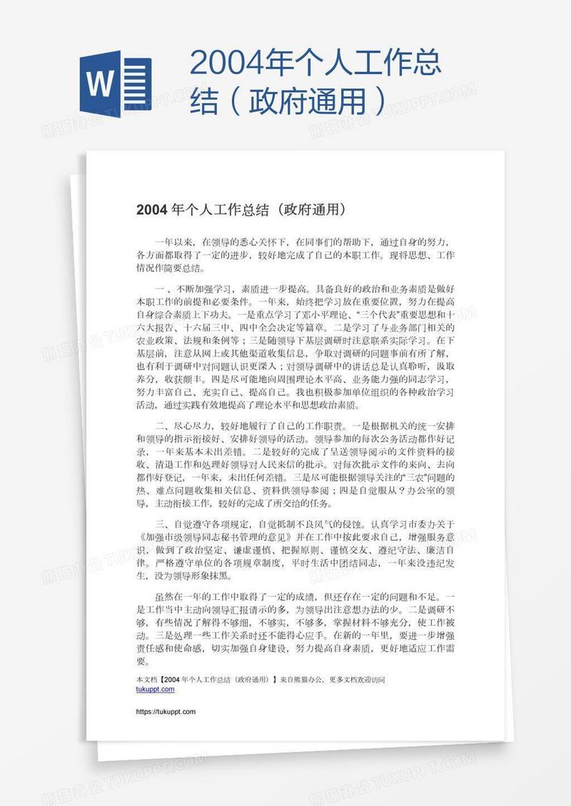 2004年个人工作总结（政府通用）