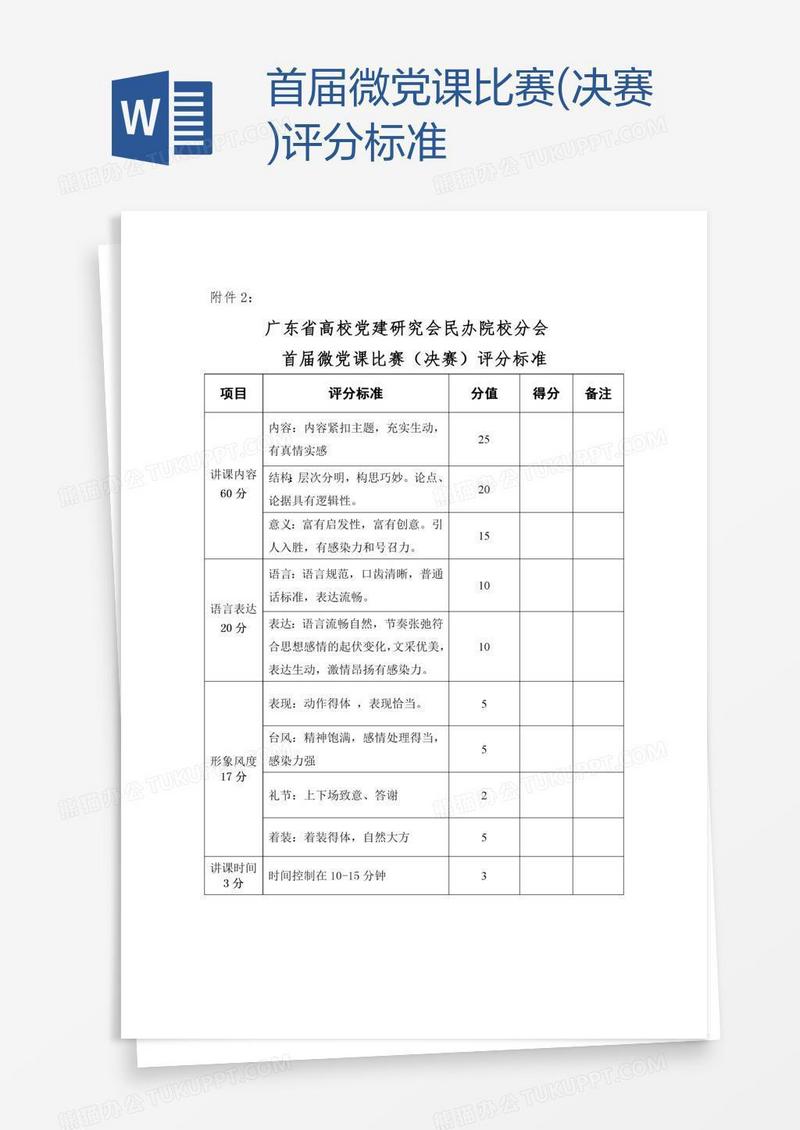 首届微党课比赛(决赛)评分标准